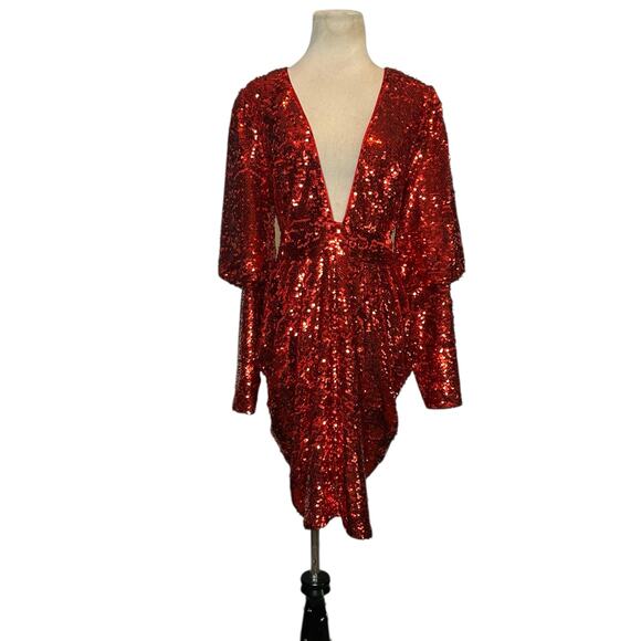 Gabrielle Union red sequins long sleeves deep v neck party dress size medium - Picture 15 of 16